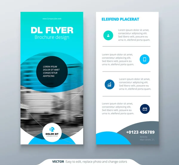 DL Flyer ontwerp. Blauw business template voor dl flyer. Indeling met moderne cirkelfoto en abstracte achtergrond. Creatieve flyer of brochure concept. — Stockvector