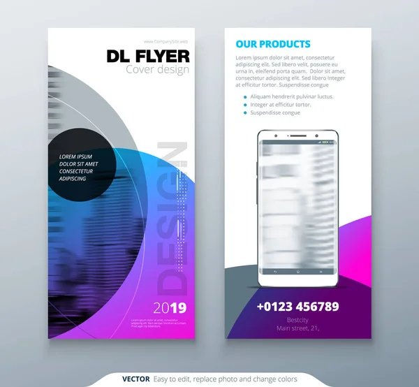 Дизайн Flyer DL. Фіолетовий бізнес шаблон dl flyer. Макет із сучасними коло фото, абстрактний фон. Творчі концепції листок або брошуру. — стоковий вектор