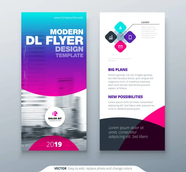 DL Flyer ontwerpen. Paarse business sjabloon voor dl flyer. Lay-out met moderne cirkel foto en abstracte achtergrond. Creatief concept van de flyer of brochure. — Stockvector