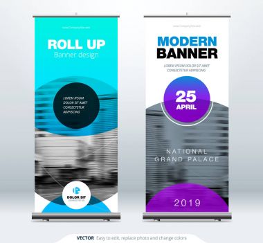 Beyaz, mavi, mor ve siyah renklerde modern dikey banner tasarımı.