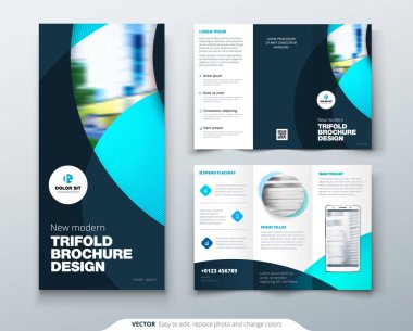 Tri fold brochure design with circle, corporate business template for tri fold flyer. Layout with modern photo and abstract circle background. Creative concept folded flyer or brochure. clipart