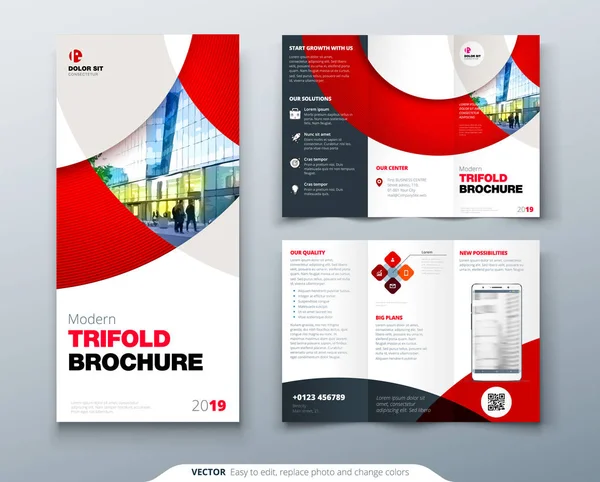 Tri vouw brochure ontwerp met cirkel, corporate business template voor tri vouw flyer. Indeling met moderne foto en abstracte cirkelachtergrond. Creatief concept gevouwen flyer of brochure. — Stockvector