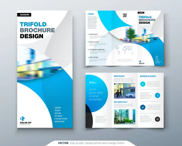 Tri vouw brochure ontwerp met cirkel, corporate business template voor tri vouw flyer. Indeling met moderne foto en abstracte cirkelachtergrond. Creatief concept gevouwen flyer of brochure. — Stockvector