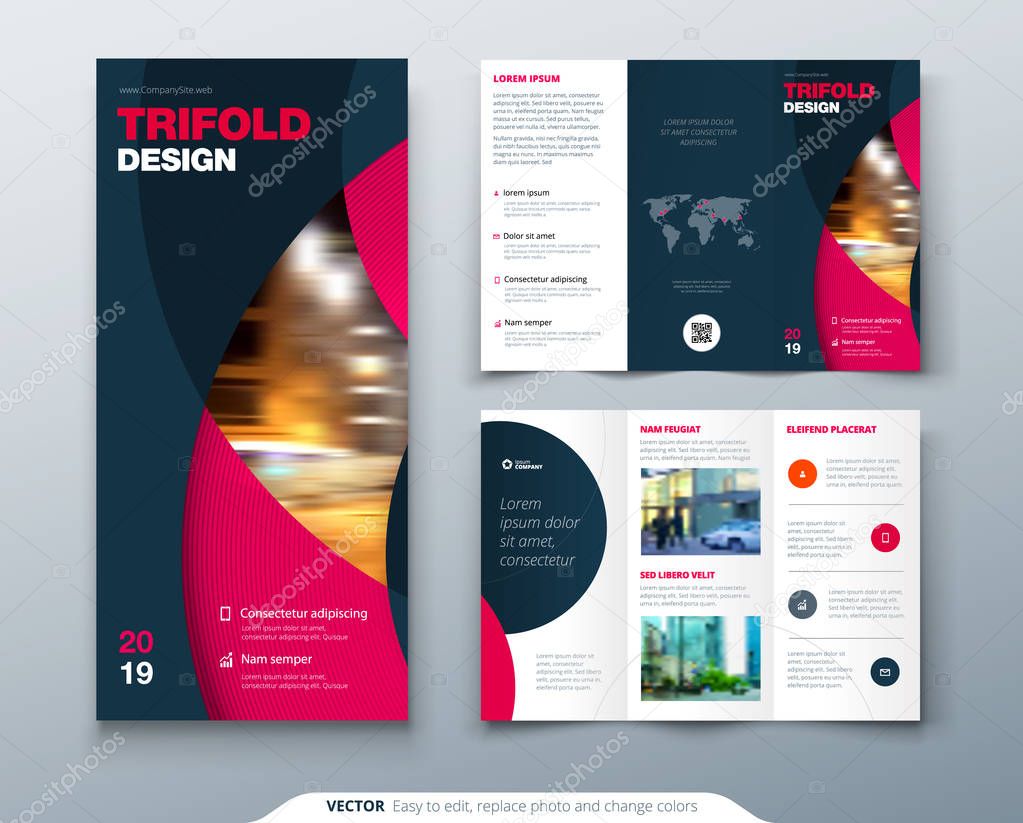 Tri fold brochure design with circle, corporate business template for tri fold flyer. Layout with modern photo and abstract circle background. Creative concept folded flyer or brochure.