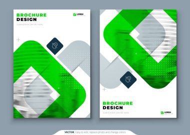 Yeşil Broşür Tasarımı. Broşür, Rapor, Katalog ve Dergi için A4 kapak şablonu. Parlak Renk Şekilleri ile Broşür Planı ve Soyut Fotoğraf Arkaplanda. Modern Broşür Konsepti
