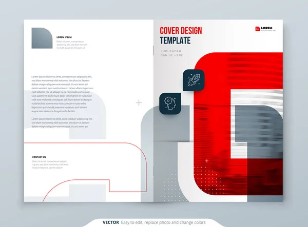 Red Brochure Design. Šablona A4 pro brožuru, report, katalog, časopis. Rozvržení brožury s jasnými tvary barev a abstraktní fotografií na pozadí. Moderní koncepce brožury — Stockový vektor