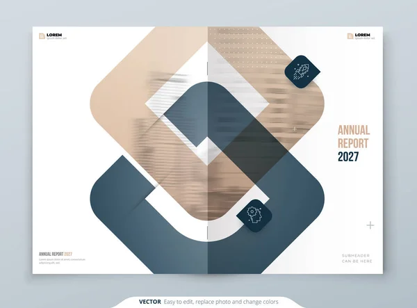 Biege Anual Report Design. A4 Modèle de couverture pour Brochure, Rapport, Catalogue, Magazine. Brochure mise en page avec des formes de couleurs vives et photo abstraite sur fond. Concept de rapport analogique moderne — Image vectorielle