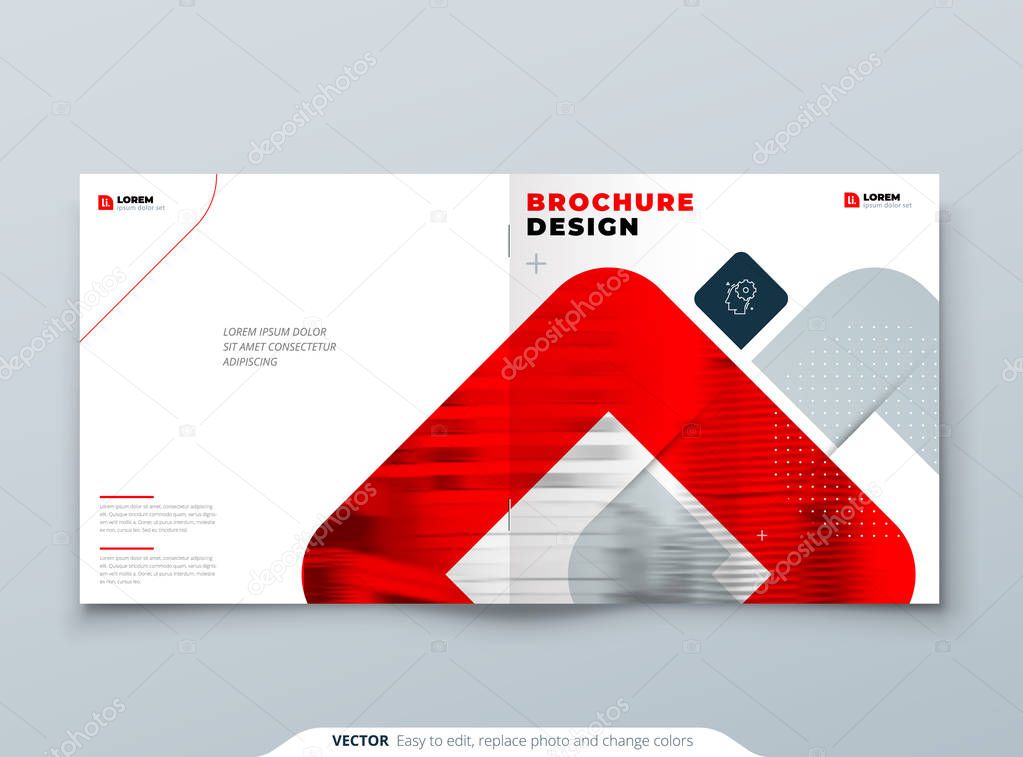 Suare Red Brochure Design. A4 Cover Template for Brochure, Report, Catalog, Magazine. Brochure Layout with Bright Color Suare Shapes and Abstract Photo on Background. Modern Brochure concept