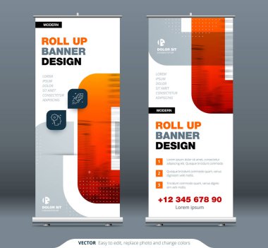 Business Roll Up Banner standı. Sunum için soyut Katlama arkaplanı. Dikey rulo, x-stand, x-banner, sergi, pankart standı veya bayrak tasarımı. Konferans afişi, forum