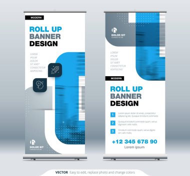 Blue Business Roll Banner. Sunum için soyut Katlama arkaplanı. Dikey rulo, x-stand, sergi, geri çekilebilir pankart standı veya konferans için bayrak tasarımı düzeni, forum.