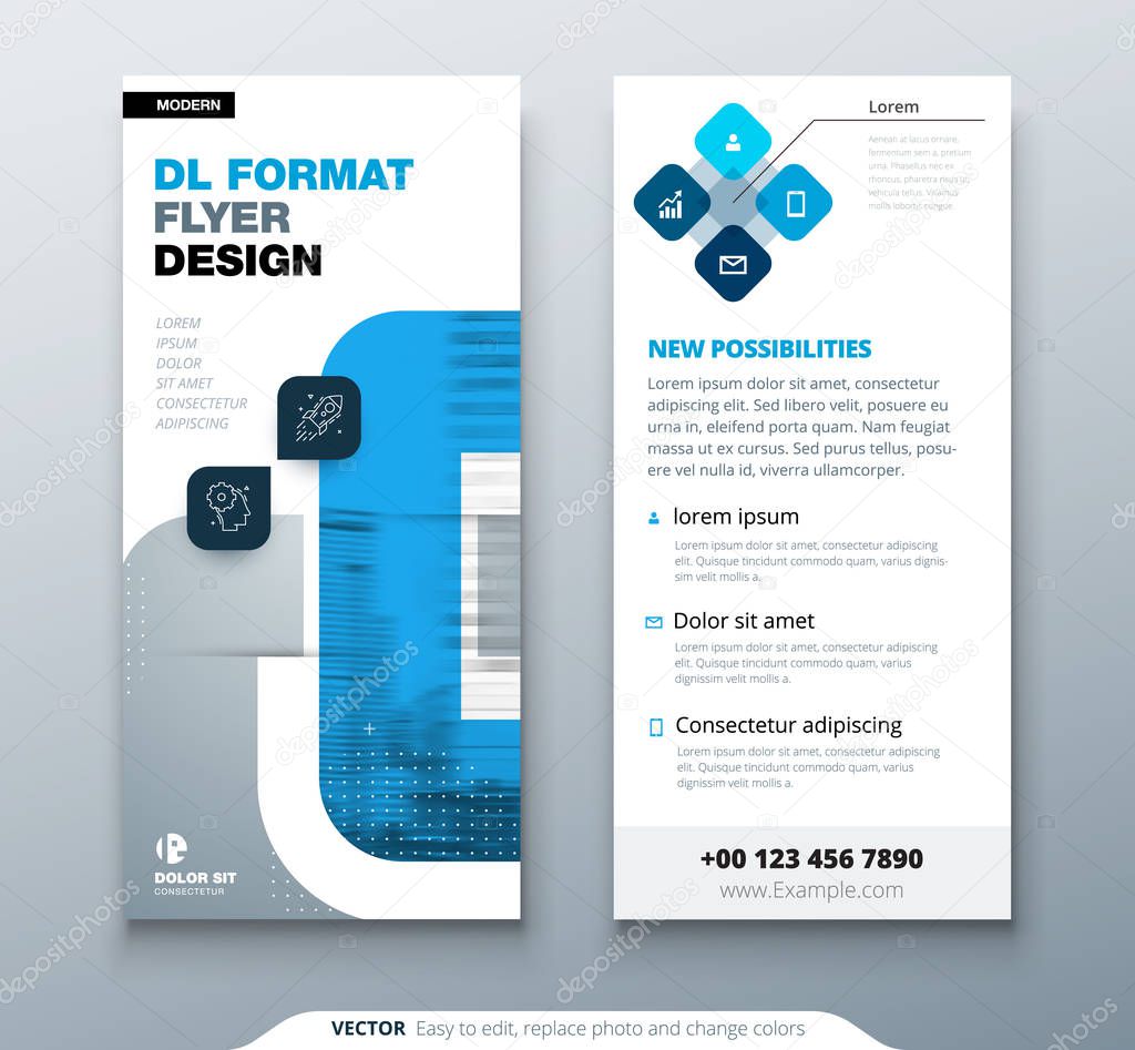 Blue DL Flyer design with square shapes, corporate business template for dl flyer. Creative concept flyer or banner layout.
