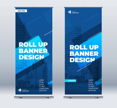 Banner 'ı Yuvarla. İş Sunumu için soyut Parlak Yuvarlanma arkaplanı. Dikey rulo, x-stand, sergi. 
