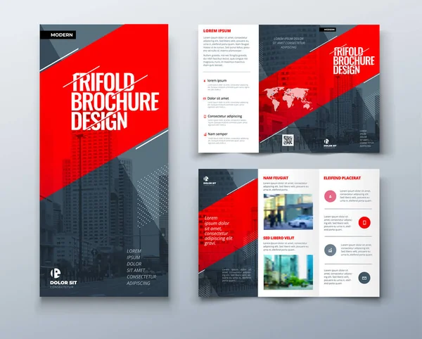 Red Tri Skládací Brožura Design Čtvercovými Tvary Creative Concept Folded — Stockový vektor