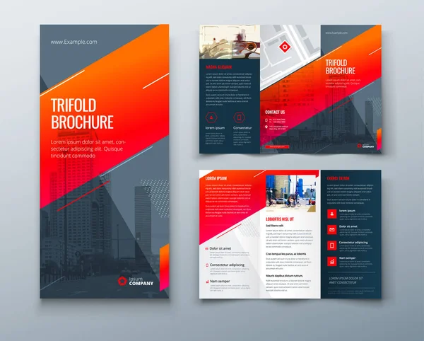 Red Tri Piega Design Della Brochure Con Forme Quadrate Concetto — Vettoriale Stock