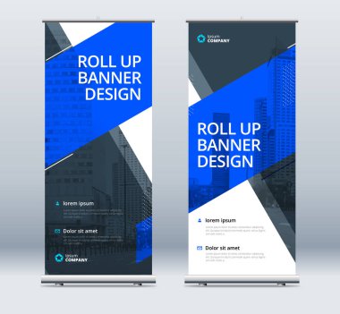 Banner 'ı Yuvarla. İş Sunumu için soyut Parlak Yuvarlanma arkaplanı. Dikey rulo, x-stand, sergi. 