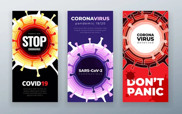 コロナウイルスCOVID-19 SARS-CoV-2ソーシャルメディアバナーの色背景。ウイルス感染の予防。致命的なタイプのウイルス2019-nCV.コロナウイルス微生物ベクターイラスト — ストックベクタ