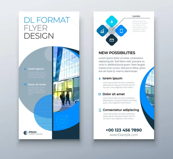 DL Flyer design. Blå affärsmall för dl flygblad. Layout med modern cirkel foto och abstrakt bakgrund. Kreativ flygblad eller broschyr koncept. — Stock vektor