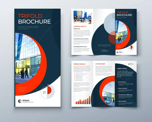 Tri fold brochure design con cerchio, modello di business aziendale per tri fold flyer. Layout con foto moderna e sfondo cerchio astratto. Concetto creativo pieghevole volantino o brochure . — Vettoriale Stock