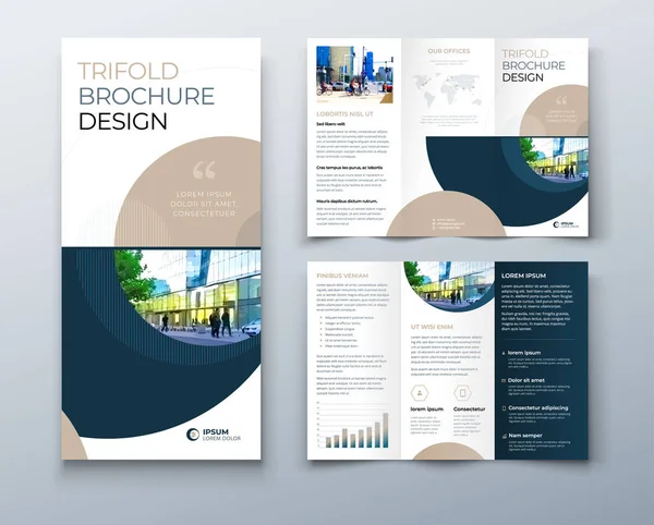 Tri fold brochure design con cerchio, modello di business aziendale per tri fold flyer. Layout con foto moderna e sfondo cerchio astratto. Concetto creativo pieghevole volantino o brochure . — Vettoriale Stock
