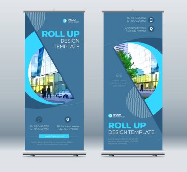 Pankart büfesi sunum konsepti. Şirket işleri şablon geçmişini araştırıyor. Dikey şablon, pano standı ya da bayrak tasarımı düzeni. Konferans, forum, dükkan afişi