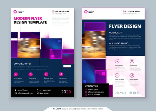 Mov Flyer șablon Design aspect. Corporate business flyer mockup. Concept creativ modern luminos cu forme pătrate violet — Vector de stoc