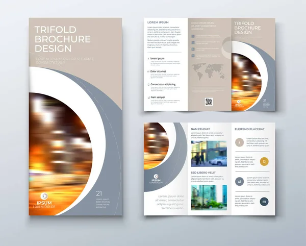 Tri fold broschyr design med cirkel, företagens affärs mall för tri fold flygblad. Layout med modern foto och abstrakt cirkel bakgrund. Kreativa koncept vikta flygblad eller broschyr. — Stock vektor