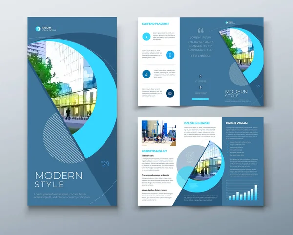 Tri vouw brochure ontwerp met cirkel, corporate business template voor tri vouw flyer. Indeling met moderne foto en abstracte cirkelachtergrond. Creatief concept gevouwen flyer of brochure. — Stockvector