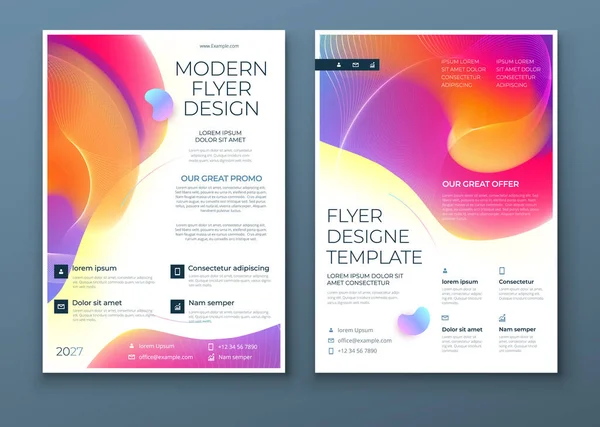 Liquid Abstract Flyer 디자인. Fluid Dynamic Graphic Element for Modern Brochure, Banner, Poster, Flyer 또는 Presentation Template with Line Pattern Background. 컬러 플라이 플라어 프레임 일러스트. — 스톡 벡터