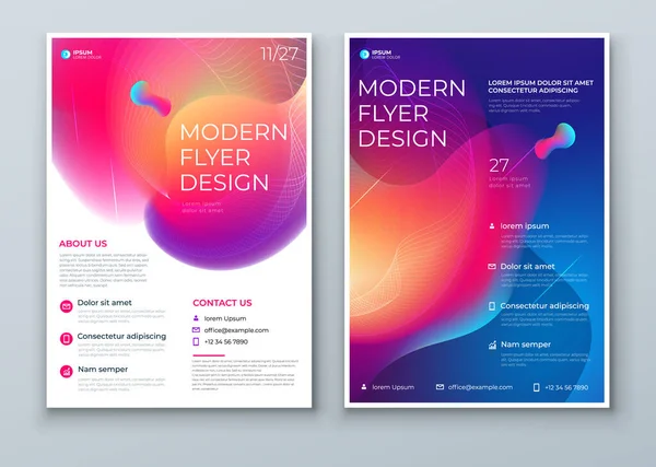 Desain Liquid Abstrak Flyer. Dark Fluid Dynamic Graphic Element for Modern Brochure, Banner, Poster, Flyer atau Presentation Template dengan Line Pattern Background. Ilustrasi Frame Flier Aliran Warna. - Stok Vektor