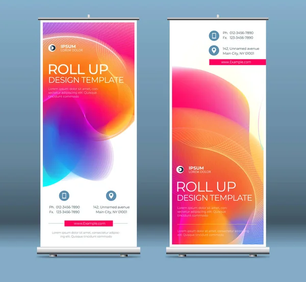 Roll Up banner stand presentatie concept. Corporate business roll-up template achtergrond. Verticaal sjabloon billboard, banner standaard of vlag ontwerp lay-out. Affiche voor conferentie, forum, winkel — Stockvector