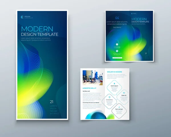 Tweevoudig brochure ontwerp met vloeibaar abstract element. Corporate business template voor bi fold flyer. Indeling met moderne abstracte gloeiachtergrond. Creatief concept gevouwen flyer of brochure. — Stockvector