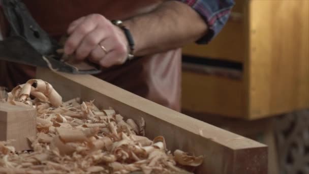 Tischler hobelt Massivholz in seiner Werkstatt — Stockvideo