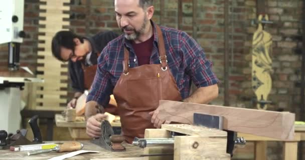 Fabricante de armários planeja a madeira de faia, preparando-a para o trabalho futuro — Vídeo de Stock