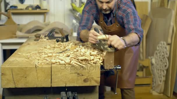 Carpenter Planes Solid Wood Nella Sua Officina Cabinet Maker Pialla — Video Stock
