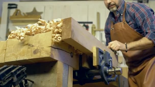 Cabinet Maker Planes Solid Wood His Workshop Cabinet Maker Planes — стоковое видео