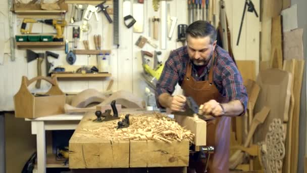 Stolarz płaszczyzny drewna litego w swoim warsztacie — Wideo stockowe