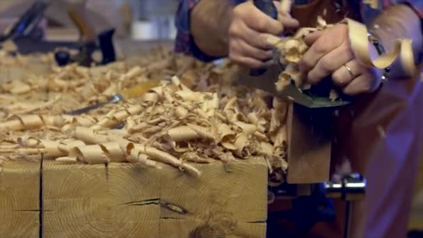Joiner Planes Solid Wood in his Workshop — Stock Video