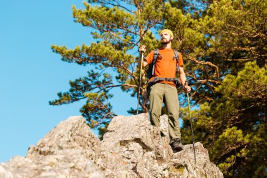 Sakallı genç erkek dağ, doğa görünümü, tadını çıkarırken rock tepede duran turist sırt çantası yoluyla seyahat dağlarda yaz tatili