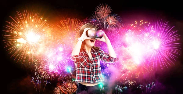 Double exposure, girl getting experience using VR glasses, being in virtual reality, watching fireworks — Stock Photo, Image