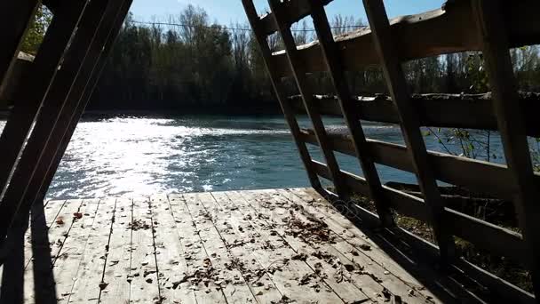 Régi kunyhó a hegyi folyó partján, a nyári napsütésben — Stock videók