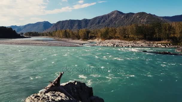 Panorama of the mountain river, turquoise water, summer and autumn — Stock Video