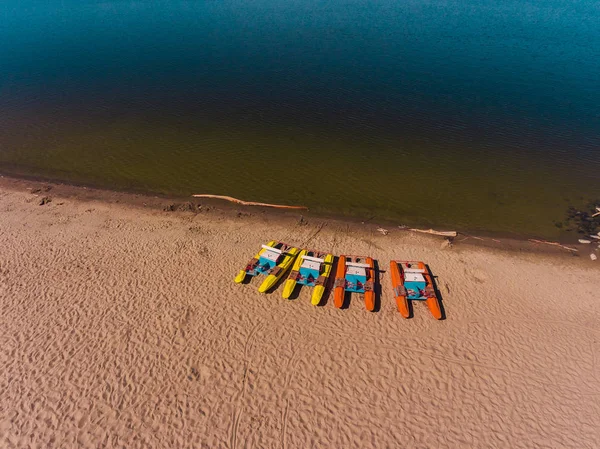 Panorama aerial view on the beach, catamarans, water bicycle — Stock Photo, Image