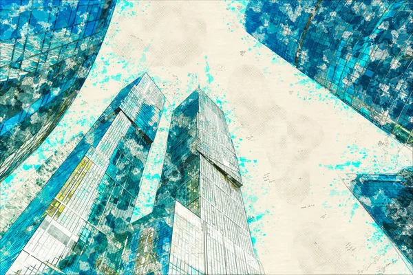 Koncepció, vázlat felhőkarcoló homlokzat irodai épületek modern üveg — Stock Fotó