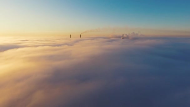 Vue Aérienne. Voler dans le brouillard, voler dans le brouillard. Caméra aérienne prise. Vol au-dessus des nuages vers le soleil. Météo brumeuse, vue d'en haut. — Video