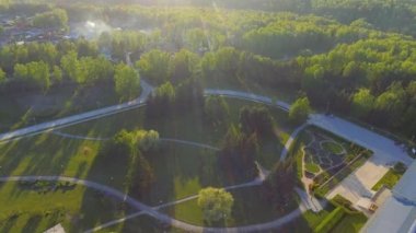 Hava panoramik bir ormanda. Yol yukarıdan. Drone kullanılarak yapılan video. Üstten Görünüm ağaçlarda. Yol arasında ağaçlar