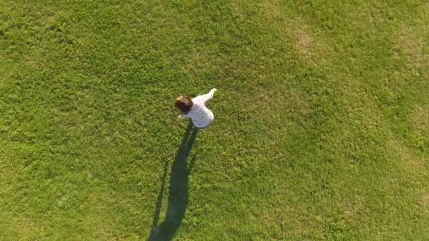Вид с воздуха. Молодая девушка лежит и отдыхает на газоне в солнечный день в парке на траве. Вид сверху. Женщина на траве на лугу. Вид сверху — стоковое видео
