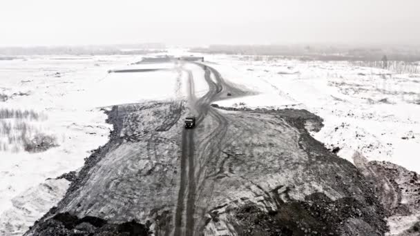 Vista Arial Obras Estrada Inverno Equipamento Construção Pesado Construção Estradas — Vídeo de Stock