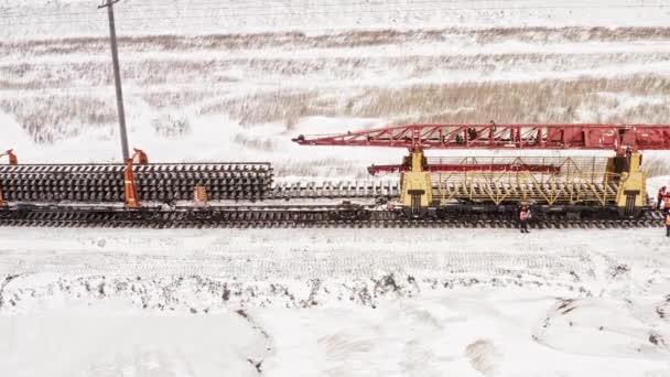 Vista Aerea Uhd Costruzione Ferroviaria Macchina Funziona Inverno Ferroviaria Che — Video Stock