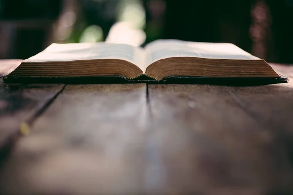 Weiche Fokussierung Der Heiligen Bibel Auf Holztisch Mit Kopierraum Christlicher — Stockfoto