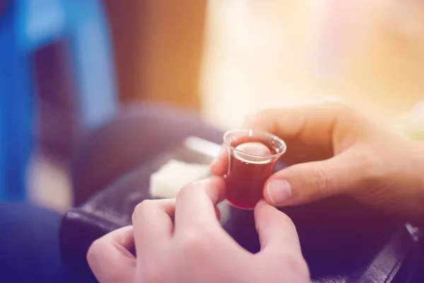 Hands Hold Red Wine Cup Holy Communion — Stock Photo, Image